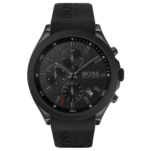 Boss Chronograph 1513720 Herren Schwarz in Vorderansicht mit Silikonarmband