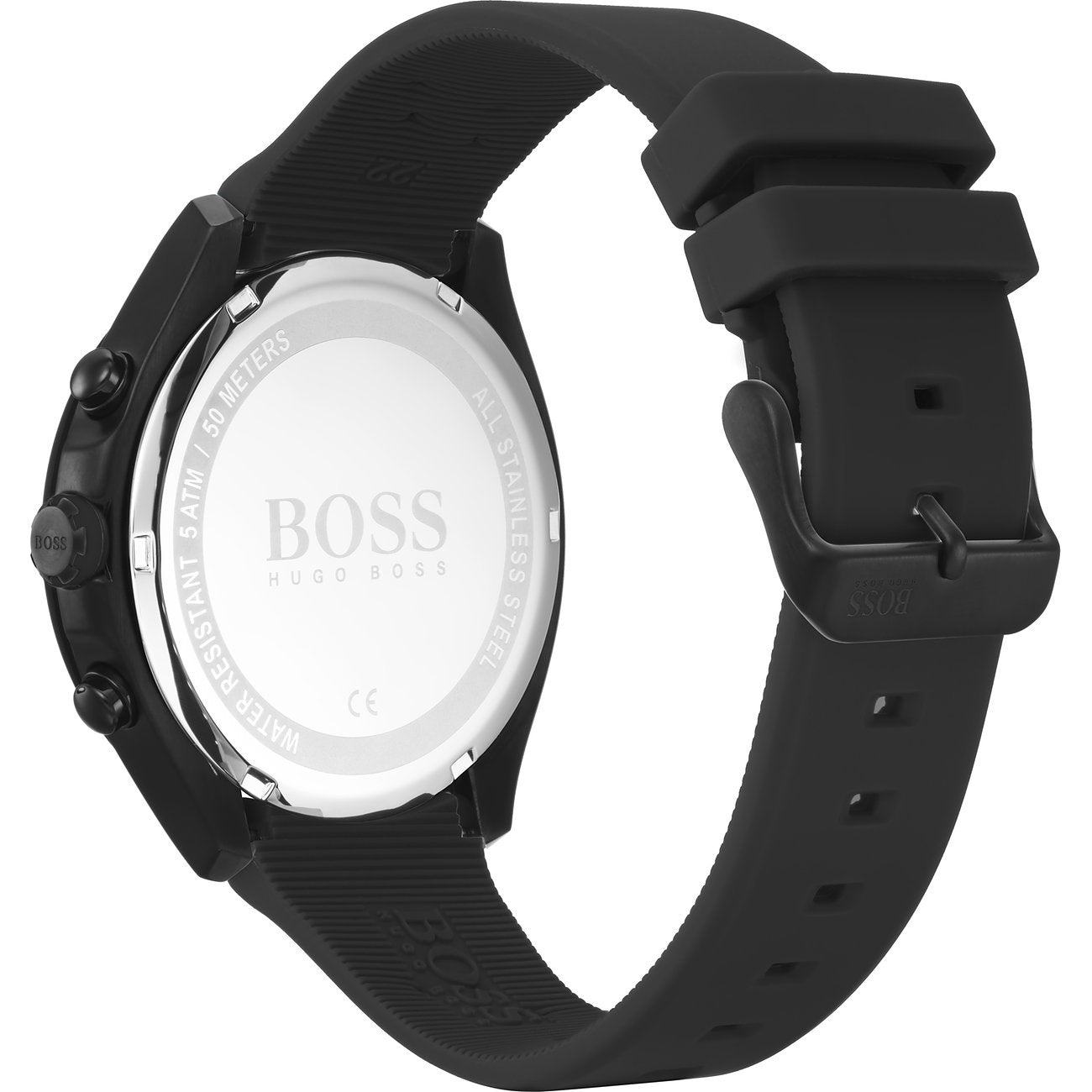 Boss Chronograph 1513720 Rückseite mit schwarzem Silikonarmband
