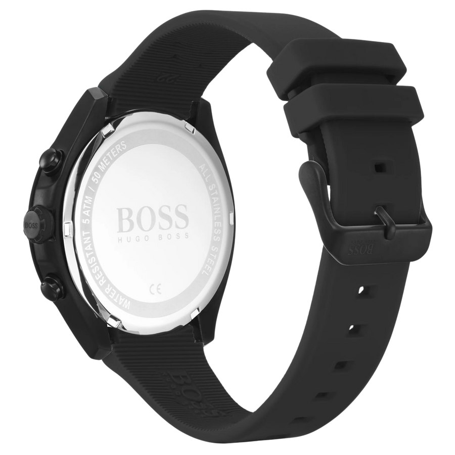 Boss Chronograph 1513720 Rückseite mit schwarzem Silikonarmband