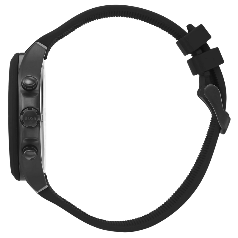 Boss Chronograph 1513720 Seitenansicht mit schwarzem Silikonarmband