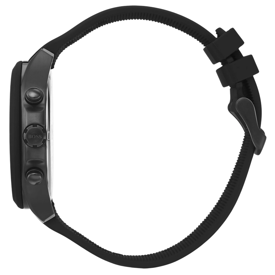 Boss Chronograph 1513720 Seitenansicht mit schwarzem Silikonarmband