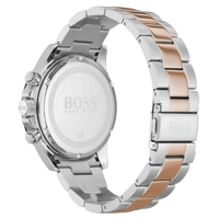 Rückseite des Boss Chronograph 1513757 mit Edelstahlgehäuse und Bicolor-Armband