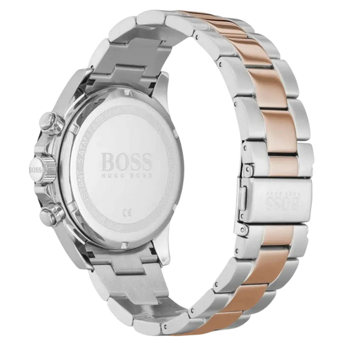 Rückseite des Boss Chronograph 1513757 mit Edelstahlgehäuse und Bicolor-Armband