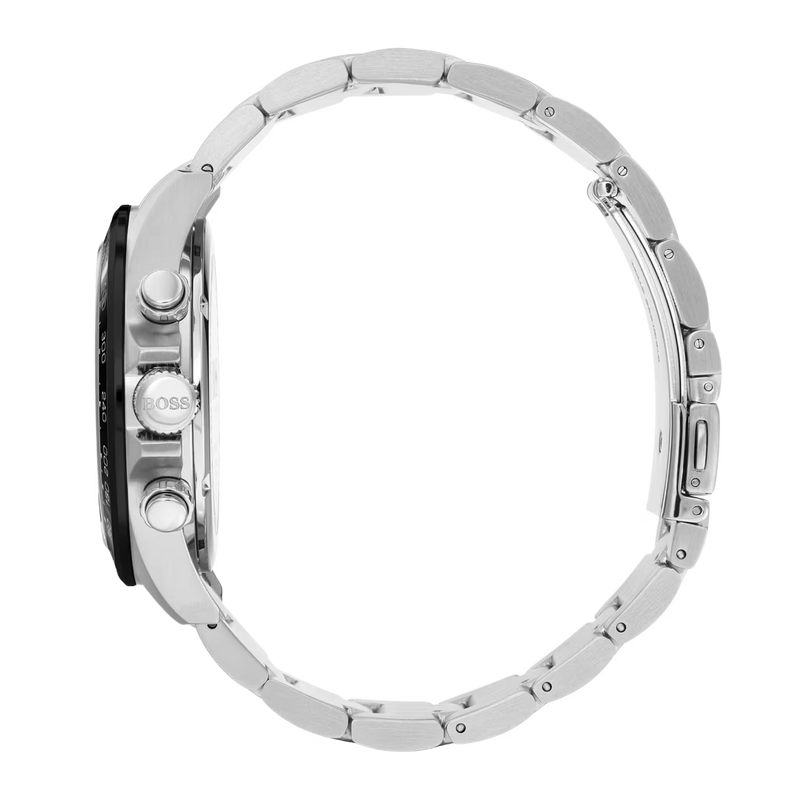 Seitenansicht des Boss Chronograph 1513757 mit Edelstahlgehäuse und Bedienknöpfen