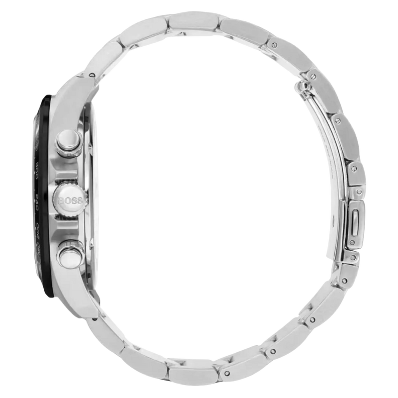 Seitenansicht des Boss Chronograph 1513757 mit Edelstahlgehäuse und Bedienknöpfen