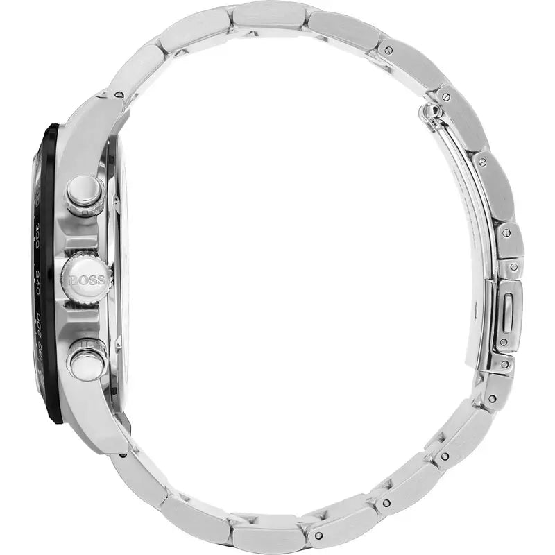 Seitenansicht des Boss Chronograph 1513757 mit Edelstahlgehäuse und Bedienknöpfen
