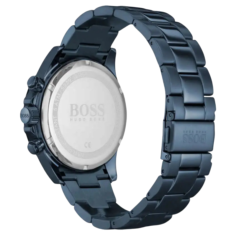 Rückseite des Boss Chronograph 1513758 in Blau mit Edelstahlarmband und graviertem Gehäuseboden