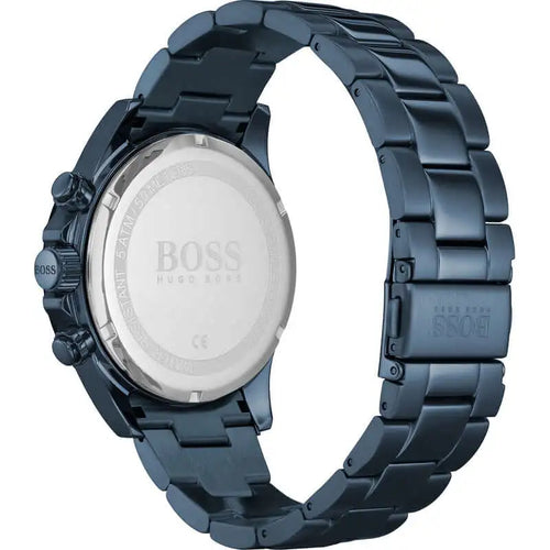 Rückseite des Boss Chronograph 1513758 in Blau mit Edelstahlarmband und graviertem Gehäuseboden
