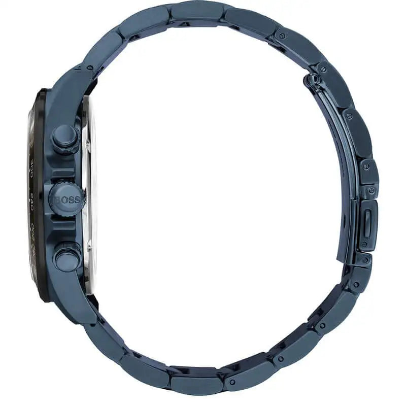 Seitenansicht des Boss Chronograph 1513758 in Blau mit Edelstahlgehäuse und Funktionsknöpfen

