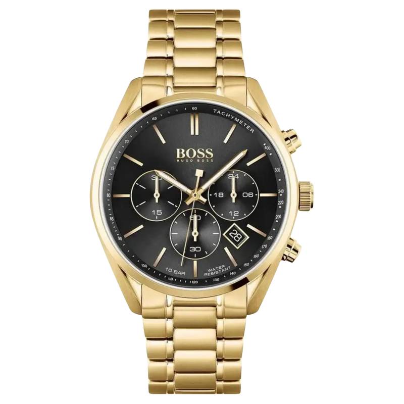 Hugo Boss Chronograph 1513848 Herrenuhr mit schwarzem Zifferblatt und goldenem Edelstahlarmband – elegante Herren-Armbanduhr mit Datumsanzeige und Stoppfunktion
