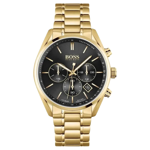 Hugo Boss Chronograph 1513848 Herrenuhr mit schwarzem Zifferblatt und goldenem Edelstahlarmband – elegante Herren-Armbanduhr mit Datumsanzeige und Stoppfunktion