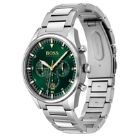 BOSS Chronograph 1513868 Herren Uhr aus Edelstahl mit grünem Zifferblatt, seitliche Ansicht des Gehäuses und Armbands.
