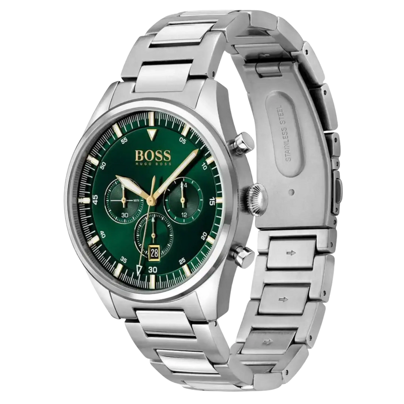 BOSS Chronograph 1513868 Herren Uhr aus Edelstahl mit grünem Zifferblatt, seitliche Ansicht des Gehäuses und Armbands.