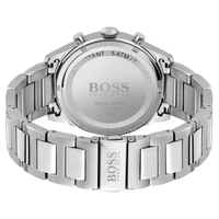 BOSS Herren Chronograph 1513868 mit Edelstahlarmband, Rückseite des Gehäuses mit Gravur und Faltschließe.