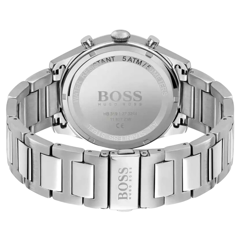 BOSS Herren Chronograph 1513868 mit Edelstahlarmband, Rückseite des Gehäuses mit Gravur und Faltschließe.