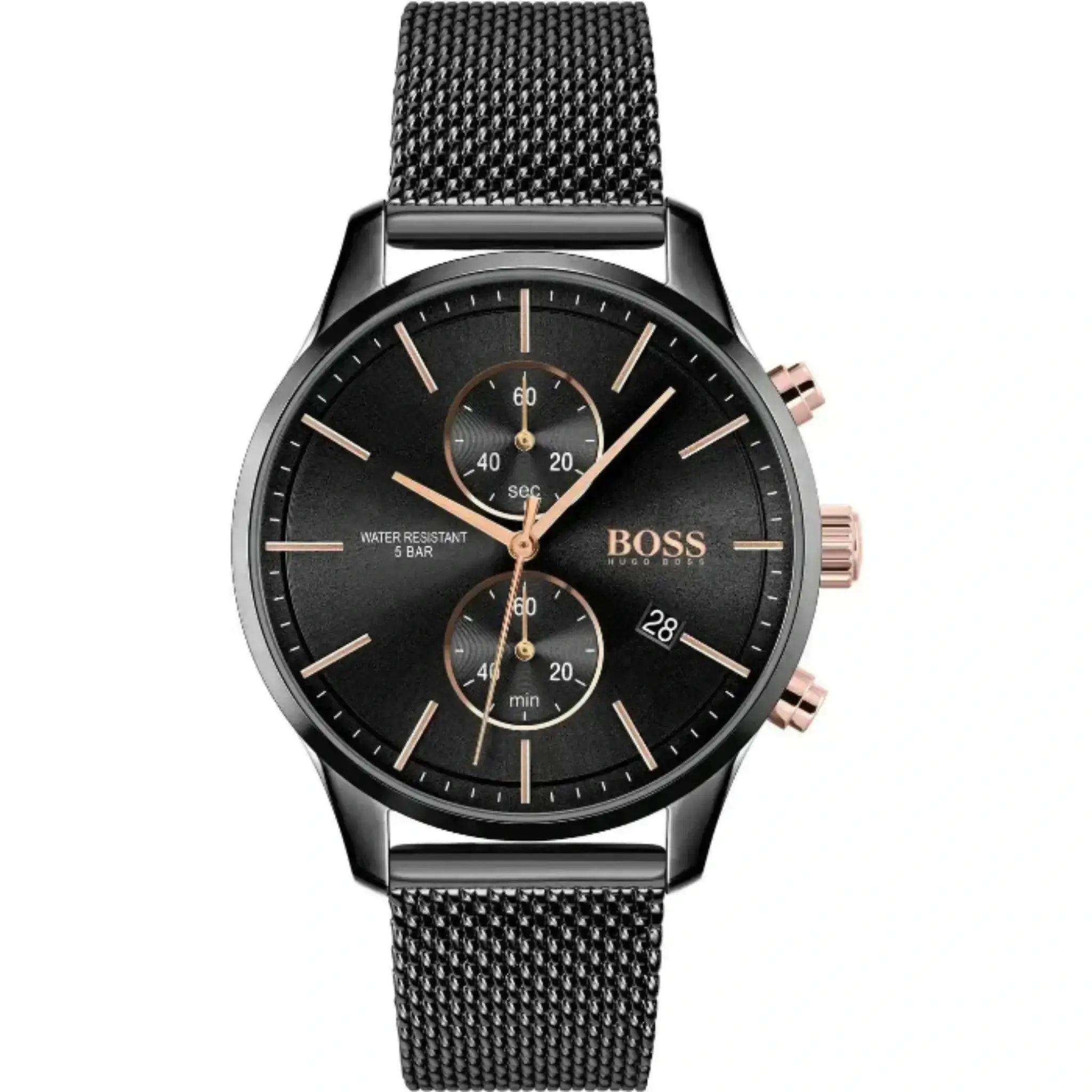 Hugo Boss Chronograph Herrenuhr 1513811 in Schwarz mit Roségold-Details, Edelstahlgehäuse und schwarzem Mesh-Armband