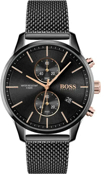 Hugo Boss Chronograph Herrenuhr 1513811 in Schwarz mit Roségold-Details, Edelstahlgehäuse und schwarzem Mesh-Armband