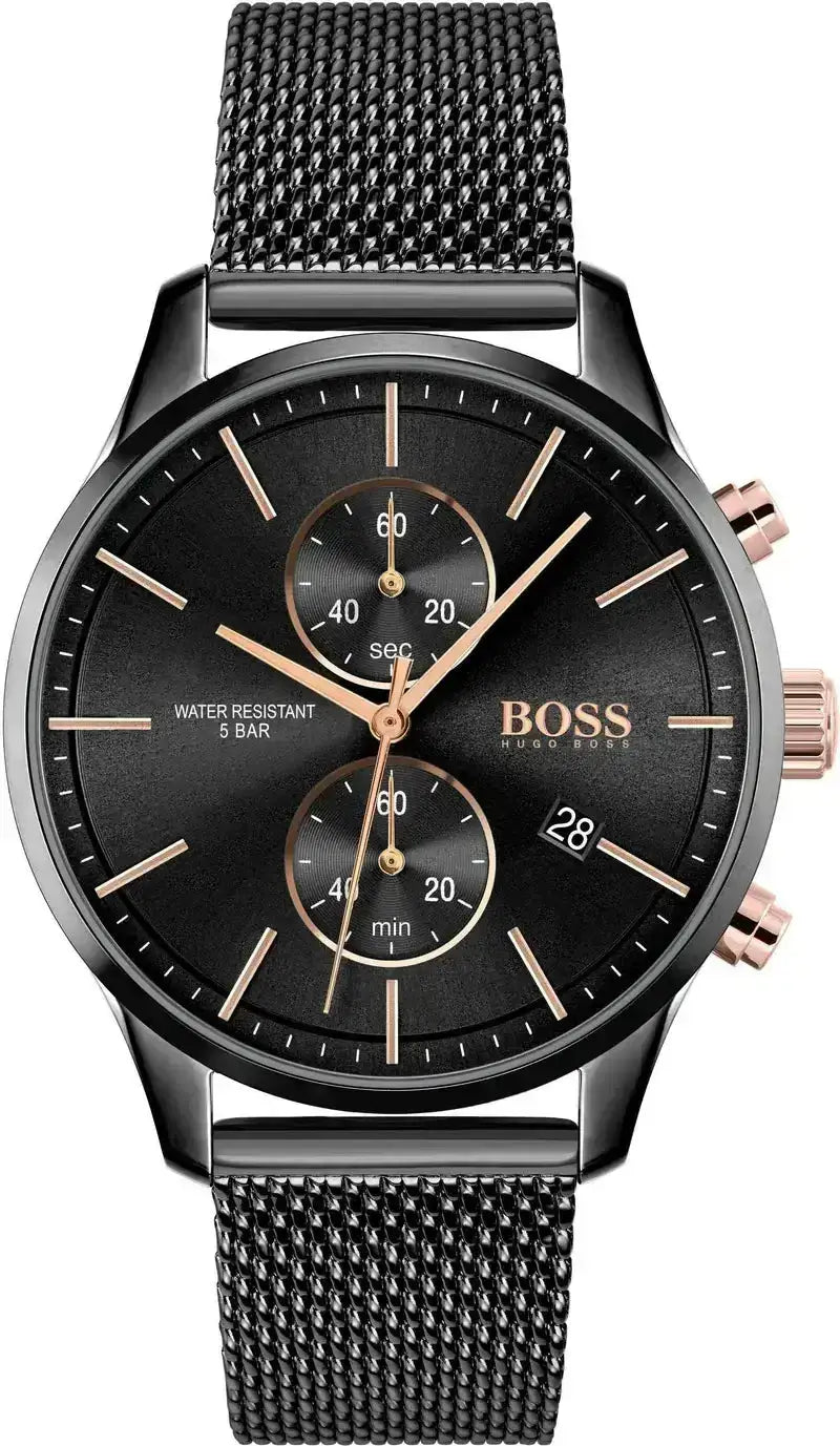 Hugo Boss Chronograph Herrenuhr 1513811 in Schwarz mit Roségold-Details, Edelstahlgehäuse und schwarzem Mesh-Armband
