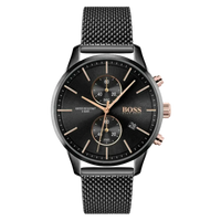 Hugo Boss Chronograph Herrenuhr 1513811 in Schwarz mit Roségold-Details, Edelstahlgehäuse und schwarzem Mesh-Armband