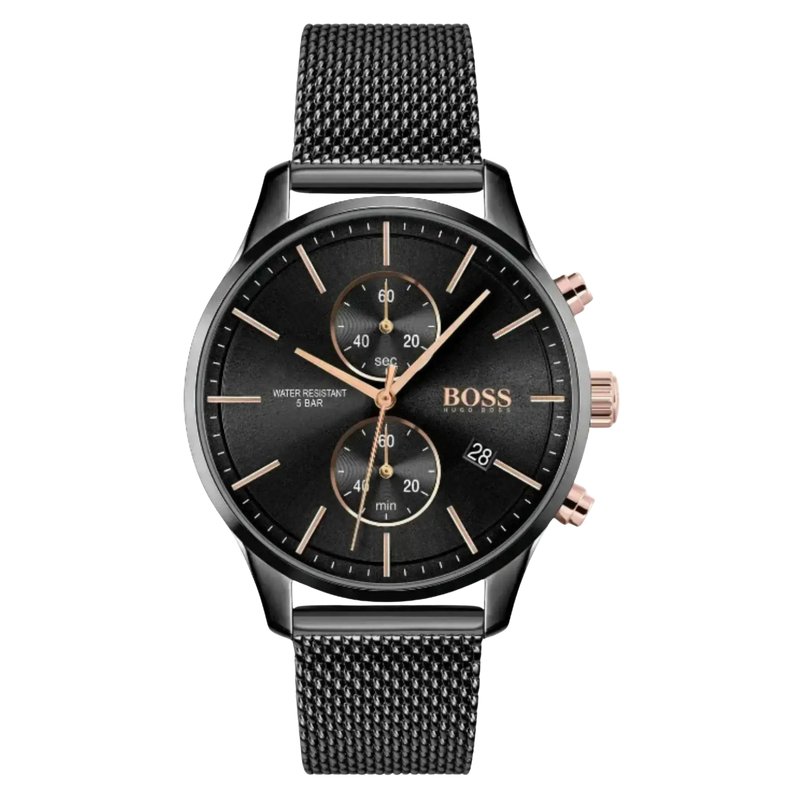 Hugo Boss Chronograph Herrenuhr 1513811 in Schwarz mit Roségold-Details, Edelstahlgehäuse und schwarzem Mesh-Armband