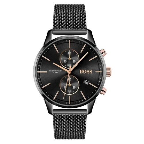 Hugo Boss Chronograph Herrenuhr 1513811 in Schwarz mit Roségold-Details, Edelstahlgehäuse und schwarzem Mesh-Armband