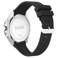 Rückseite des BOSS Velocity 1513716 Herren Chronographen mit Gehäuseboden und schwarzem Armband