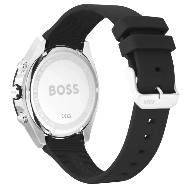 Rückseite des BOSS Velocity 1513716 Herren Chronographen mit Gehäuseboden und schwarzem Armband