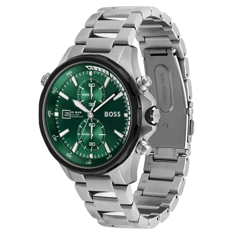 Hugo Boss Globetrotter 1513930 Herrenuhr mit grünem Zifferblatt und Edelstahlarmband