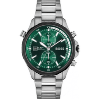 Boss GLOBETROTTER 1513930 Herrenchronograph mit grünem Zifferblatt, silbernem Edelstahlgehäuse und Edelstahlarmband – sportlich-elegante Uhr mit Datumsanzeige und Chronograph-Funktion.