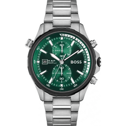 Boss GLOBETROTTER 1513930 Herrenchronograph mit grünem Zifferblatt, silbernem Edelstahlgehäuse und Edelstahlarmband – sportlich-elegante Uhr mit Datumsanzeige und Chronograph-Funktion.