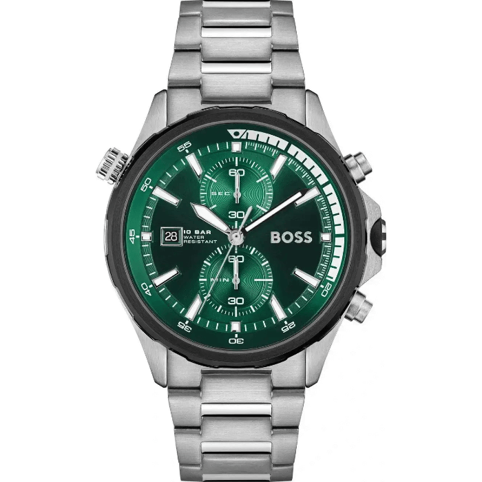 Boss GLOBETROTTER 1513930 Herrenchronograph mit grünem Zifferblatt, silbernem Edelstahlgehäuse und Edelstahlarmband – sportlich-elegante Uhr mit Datumsanzeige und Chronograph-Funktion.