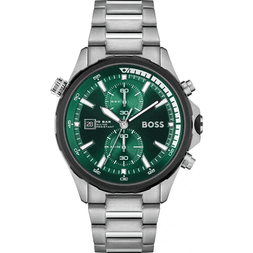 Boss GLOBETROTTER 1513930 Herrenchronograph mit grünem Zifferblatt, silbernem Edelstahlgehäuse und Edelstahlarmband – sportlich-elegante Uhr mit Datumsanzeige und Chronograph-Funktion.