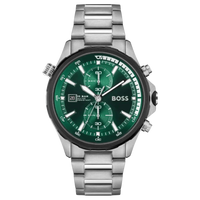 Boss GLOBETROTTER 1513930 Herrenchronograph mit grünem Zifferblatt, silbernem Edelstahlgehäuse und Edelstahlarmband – sportlich-elegante Uhr mit Datumsanzeige und Chronograph-Funktion.