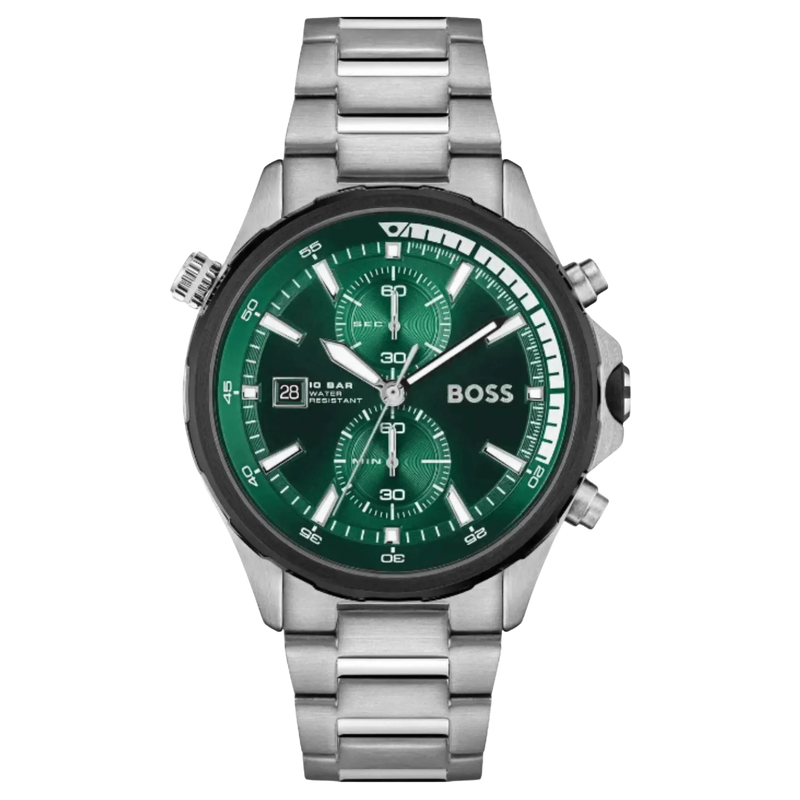 Boss GLOBETROTTER 1513930 Herrenchronograph mit grünem Zifferblatt, silbernem Edelstahlgehäuse und Edelstahlarmband – sportlich-elegante Uhr mit Datumsanzeige und Chronograph-Funktion.