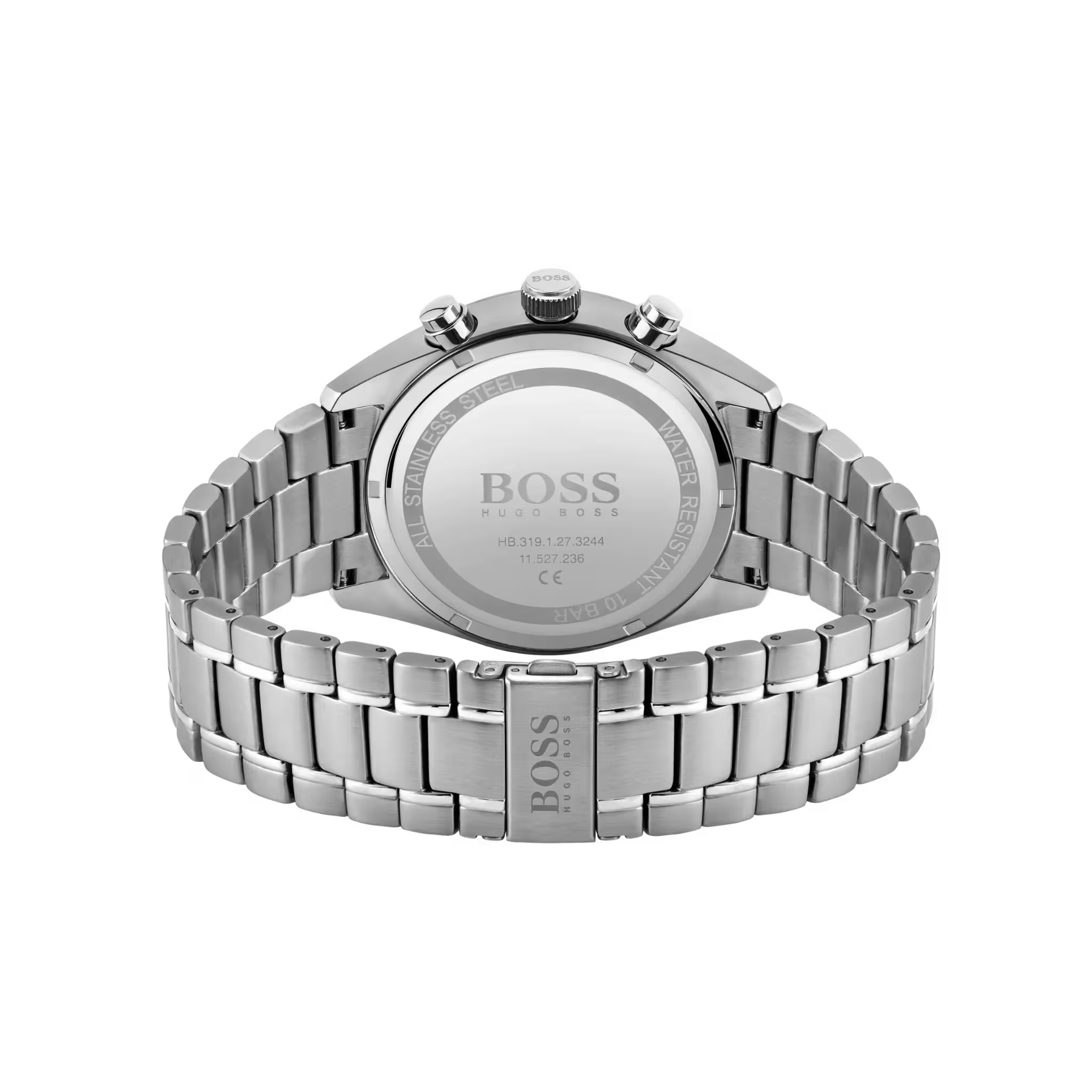 BOSS Herrenuhr 1513494 Chronograph Rueckseite Edelstahl Silber Gehaeuseboden graviert Armband Detail