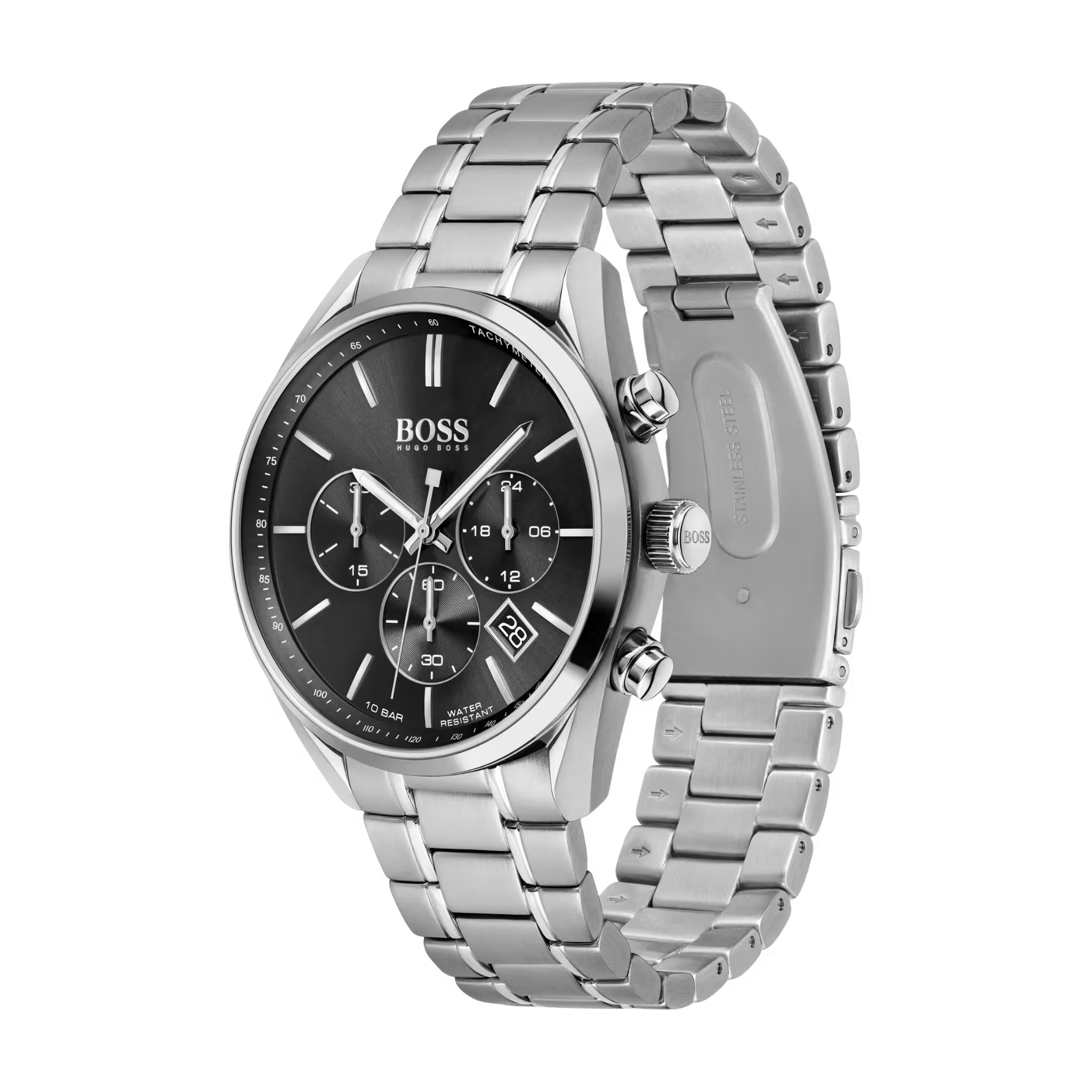 BOSS Herrenuhr 1513494 Chronograph Seitenansicht Edelstahl Silber anthrazitfarbenes Zifferblatt Armband Detail