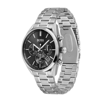 BOSS Herrenuhr 1513494 Chronograph Seitenansicht Edelstahl Silber anthrazitfarbenes Zifferblatt Armband Detail