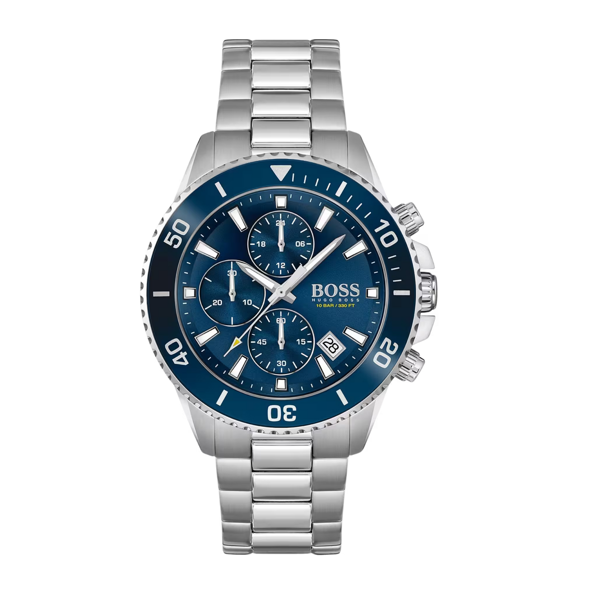 Hugo Boss Herrenuhr Modell 1513907 mit blauem Zifferblatt und Edelstahlarmband in Frontansicht