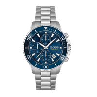 Hugo Boss Herrenuhr Modell 1513907 mit blauem Zifferblatt und Edelstahlarmband in Frontansicht