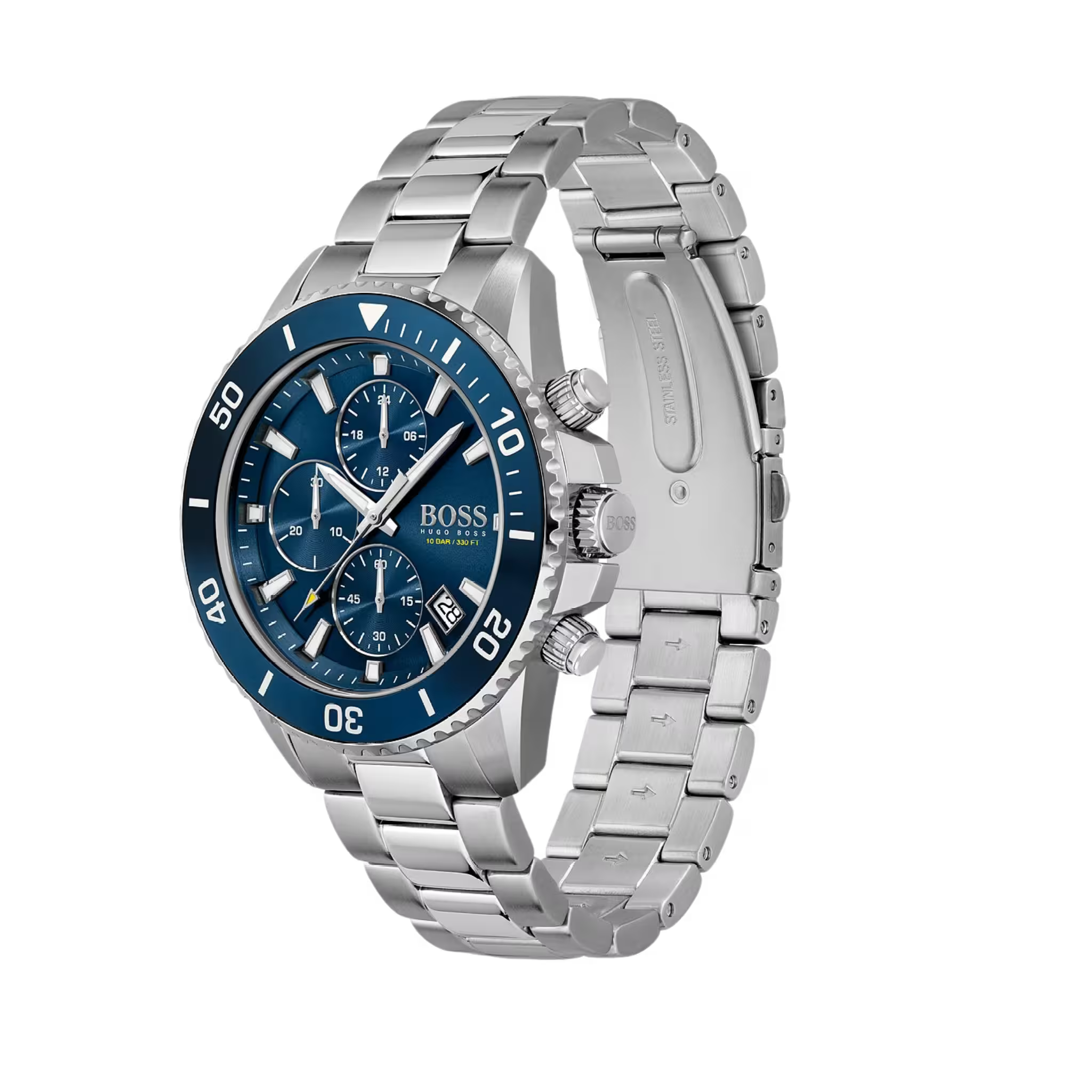 Hugo Boss Herrenuhr Modell 1513907 mit blauem Zifferblatt und Edelstahlarmband in Seitenansicht