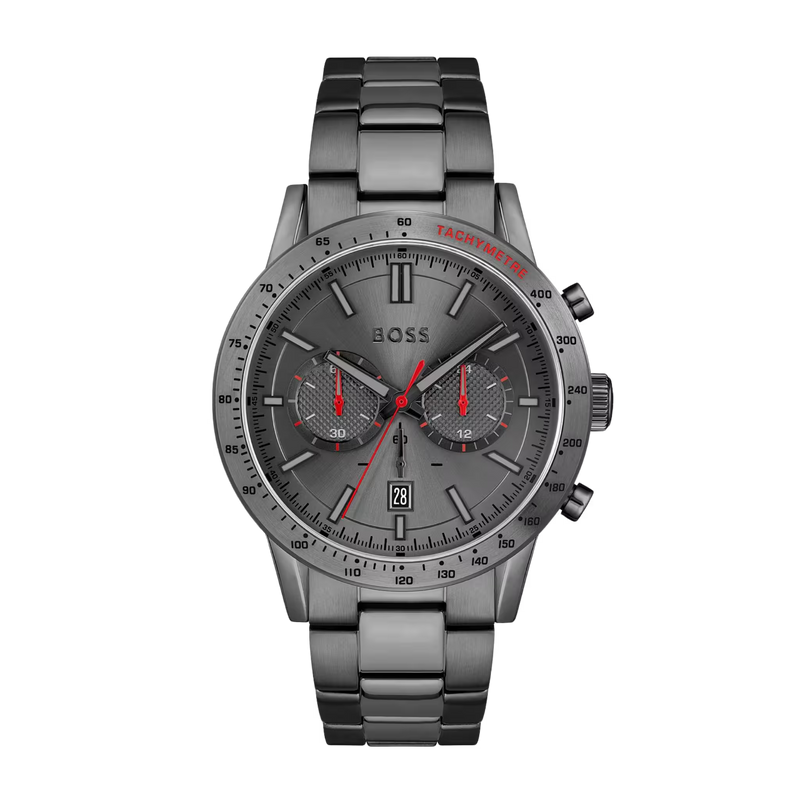 Hugo Boss Herrenuhr Modell 1513924 mit grauem Zifferblatt und silbernem Edelstahlarmband in Frontansicht