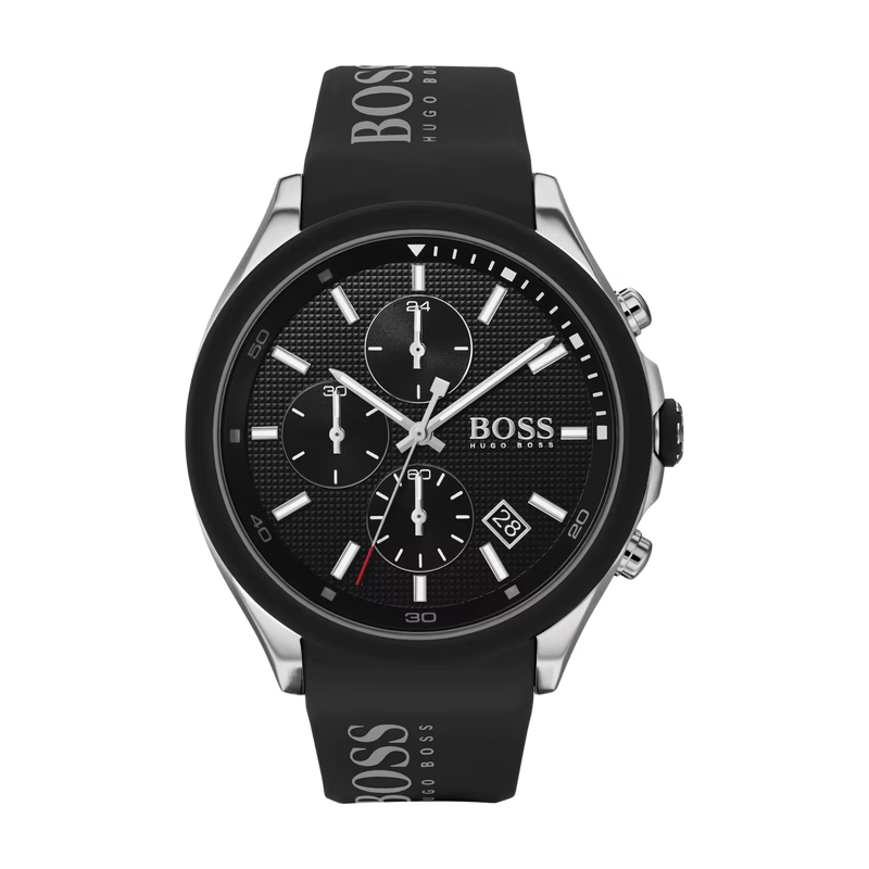 Hugo Boss Uhr Modell 1513716 Herren Chronograph Schwarz mit Silikonarmband und schwarzem Zifferblatt Frontansicht