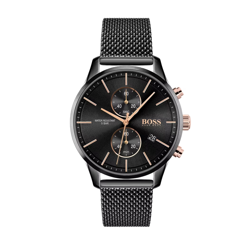 Hugo Boss Uhr Modell 1513811 Herren Chronograph in Silber mit schwarzem Zifferblatt und Edelstahl Mesh Armband Frontansicht