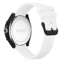 BOSS Velocity 1513718 Chronograph Herrenuhr Rückseite Gehäuseboden und weißes Silikonarmband