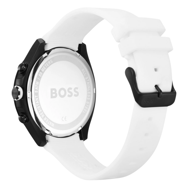 BOSS Velocity 1513718 Chronograph Herrenuhr Rückseite Gehäuseboden und weißes Silikonarmband