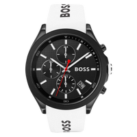BOSS Velocity 1513718 Chronograph Herrenuhr schwarz mit weißem Silikonarmband Frontansicht