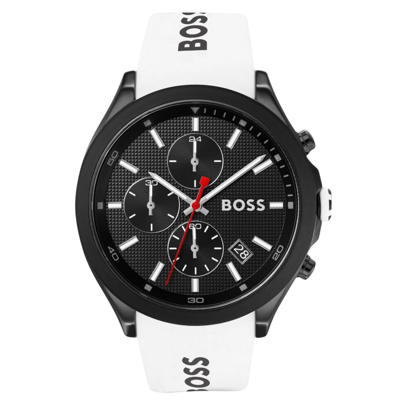 BOSS Velocity 1513718 Chronograph Herrenuhr schwarz mit weißem Silikonarmband Frontansicht