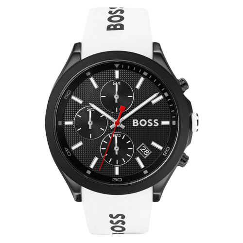 BOSS Velocity 1513718 Chronograph Herrenuhr schwarz mit weißem Silikonarmband Frontansicht