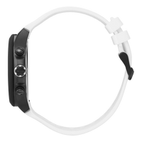 BOSS Velocity 1513718 Herrenuhr Seitenansicht mit weißem Silikonarmband und schwarzem Gehäuse