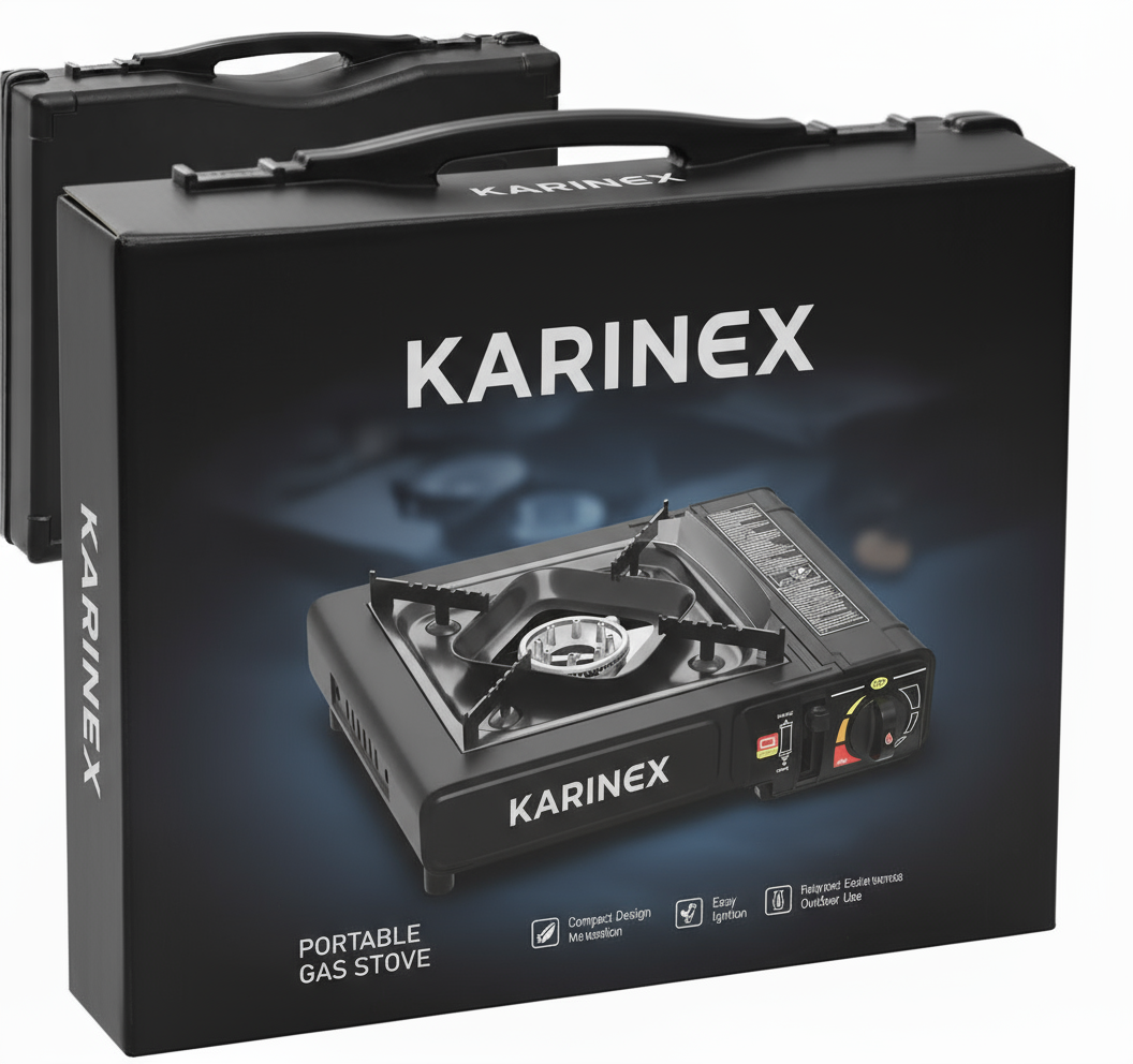 Gaskocher 1-flammig mit Piezozündung, Campingkocher für Gaskartuschen MSF-1a 227 g, Camping Herd mit Tragekoffer - Ideal für Outdoor (1-flammiger Gaskocher + 4 Gaskartuschen) - karinex